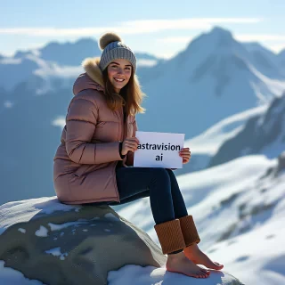 realistic, a young woman wearing winter clothes, she's sitting on a snowy rock, she is barefoot, in the background are several high mountains, she's smiling into the camera, she's holding a piece of paper with "Astravision AI" written on it