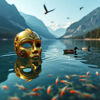 Beneath the surface of the mountain lake, the golden mask glimmers in the clear water, its reflection perfectly mirrored on the calm surface. Schools of tiny, colorful fish swim lazily by, their scales catching the sunlight that filters through the water. The distant mountains are alive with wildlife—deer graze on the slopes, while eagles soar overhead. A light breeze ripples the surface of the lake, momentarily distorting the reflection of the mask and mountains. Nearby, a family of ducks swims in formation, leaving soft wakes in the glassy water. Shot with a Hasselblad X1D II 50C in ultra-realistic detail, the scene is serene yet full of subtle life, inspired by Edward Weston’s precise compositions. Every ripple, every feather, and every grain of sand on the lakebed is rendered with extraordinary clarity, creating a surreal yet hyper-realistic composition.