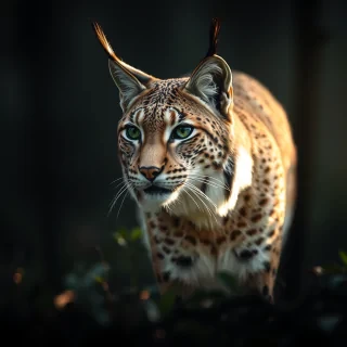 close-up professional photograph of a lynx lit by moody harsh lighting in the middle of a forest