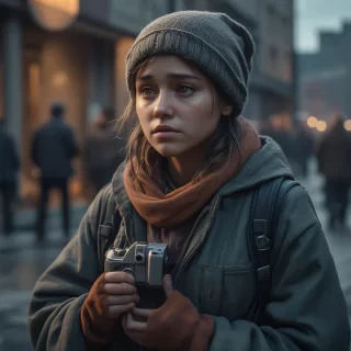 cinematic still Draw a homeless girl. emotional, harmonious, vignette, highly detailed, high budget, bokeh, cinemascope, moody, epic, gorgeous, film grain, grainy