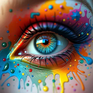 A vibrant and colorful artistic representation of an eye. The eye is the central focus, with its iris exhibiting a spectrum of colors ranging from reds to blues. Surrounding the eye are abstract patterns and shapes in a myriad of colors, including oranges, yellows, greens, and blues. Some of these patterns resemble fluid or paint splatters, while others have a more structured, almost psychedelic appearance. The eye's eyelashes are prominently depicted, and they seem to be made of thick, black strands. The overall feel of the image is dynamic, energetic, and evocative of intense emotion or creativity