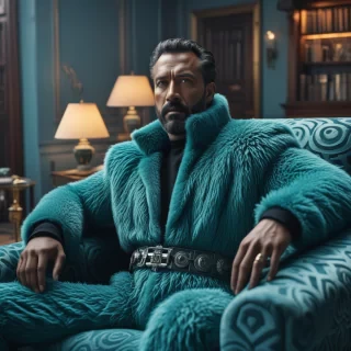 photograph, The man, with a floppy ears and piercing aquamarine eyes, sits in a harsh Nerdyfootstool, his wide-leg jumpsuit and clutch covered in intricate patterns of blue-green fur. He looks out at the vast expanse of space, his arms crossed as he studies his favorite robot, Cyborg. The scene takes place in a small, Victorian house in New York City. In the distance, at Sunset, horizon-centered, Cubo-futurism, Cinestill, Kodak UltraMax 400, perspective, (key visual, cinematic grey Color grading)