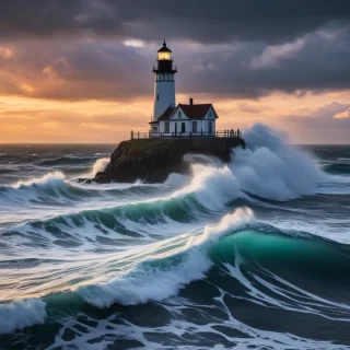 Robert Hagan, Hopare, lighthouse close-up, waves, storm clouds, stone, sunset, on parchment, kirigami illustration, black makeup