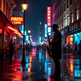 "A vibrant cinematic shot of a bustling urban nightlife scene. The streets are alive with activity as people crowd around bars and neon-lit cafes. The reflections of colorful neon signs ripple across the rain-slicked streets, creating a mesmerizing kaleidoscope of light. In the foreground, a musician plays a saxophone under a streetlamp, their silhouette framed against the glow. The background features towering buildings with illuminated windows, adding to the urban atmosphere. Hyperdetailed, intricately detailed, soft focus, HDR, 8k, cinestill 800, photography award-winner