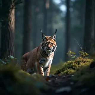 professional photograph of a lynx lit by moody harsh lighting in the middle of a forest