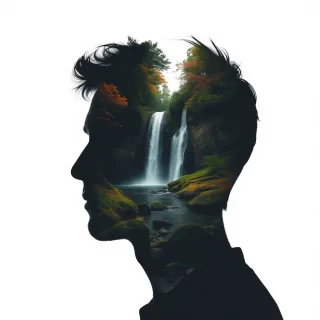 [Abstract style waterfalls, wildlife] inside the silhouette of a [man]’s head that is a double exposure photograph . Non-representational, colors and shapes, expression of feelings, imaginative, highly detailed