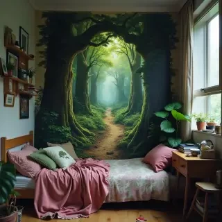a portal into a mythical forest on the wall of my small messy bedroom