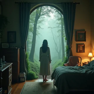 a portal into a mythical forest on the wall of my small messy bedroom