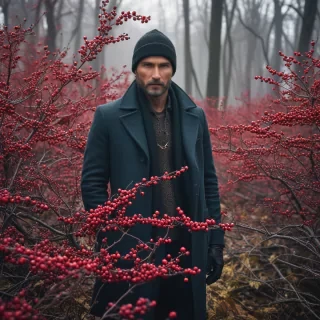 Draconian, Wild berry bush, hyper detailed, Winter, Bokeh, Grim, Glitchcore, F/1.8, Low Contrast, Ektachrome, Romantic, Realism, flat lighting, gilded technique, DOF, bokeh  Douglas Bourgeois, involved in a project