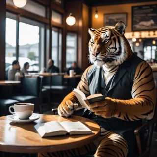 Cinematic photo of an anthropomorphic tiger sitting in a cafe reading a book and having a coffee.