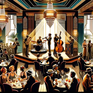 A stylish Art Deco jazz club with musicians on stage, guests in old-fashioned clothes, and fancy decorations