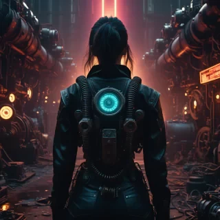 rear view closeup , A DARK ghst Silhouette. Perfect Hands, Amidst the eerie glow of dimly lit gears and rusted machinery, a determined woman with an oversized kirby New Year's rocket strapped to her back, looking skyward, her casual bleached neon synthwave attire blending with the ominous atmosphere. Craft a tale that explores the enigmatic fusion of celebration and conflict in this dystopian techno world very detailed,