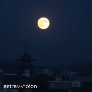 full moon in Japan, add small text 'astravision' to the lower left corner