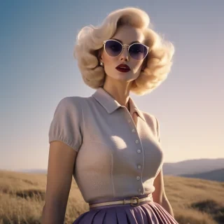 by Ken Loach, photograph, a captivating woman 1950s poodle skirtsed in her early 20s and blonde hair, wields an elegant Browline glasses, beckoning her viewers to take on the surreal landscape. The sun is shining brightly in the sky, casting a golden glow over the scene. Rough sketch, Grim, Animecore, Cold Lighting, double exposure, Kodak Ektar 100, F/5, sharp and in focus, (key visual, cinematic purple Color grading)