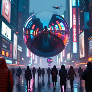 The iridescent sphere floats gracefully above the neon-lit city, its surface reflecting not only the glowing billboards but also bustling flying vehicles zipping past at varying heights. Below, people in futuristic attire swarm the streets, their holographic devices casting ambient glows that merge with the neon haze. Rain lightly falls, creating reflective puddles on the streets that catch the sphere's light, while drones buzz overhead, monitoring the crowd. Captured in ultra-realistic detail with a Canon EOS 5D Mark IV, the scene is a living, breathing metropolis, inspired by Alex Webb's street photography, with every surface alive with light, color, and movement. The contrast between the organic nature of the sphere and the vibrant mechanical city adds depth and intrigue, making the viewer feel fully immersed in this future world