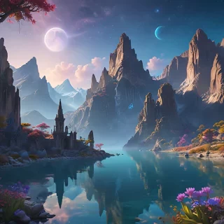 A breathtaking fantasy landscape featuring towering crystal mountains, vibrant alien flora, and a serene azure lake under a star-filled sky with two moons, detailed foreground with luminescent flowers and ancient ruins, vibrant colors, epic scale, 4K resolution