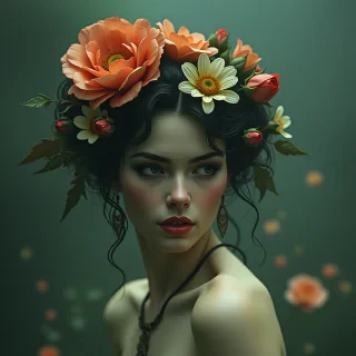 (style of TOM BAGSHAW) nude woman (creepy, gloomy and misty:1.1) flowers in hair