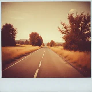 polaroid photo of a road, warm tones, perfect landscape