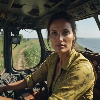 [designed by Carl Theodor Dreyer| Andrei Tarkovsky], photograph, dense vegetation, A parched silver female with a sun-kissed face and bright gray eyes revs up the engine of her new container ship, her hands gripping the handles as she cruises through a bustling sea. She wears a wide smile on her skin as she navigates the winding streets and tall grasses below. The cockpit is decorated with colorful stickers and drawings, but the passengers inside are enjoying the scenic view, equirectangular 360, austere, spiritual, psychological, philosophical, meditative, poetic, Disgusting, bokeh, Kodak Ektar 100, F/5, detailed skin, (key visual, cinematic violet Color grading)