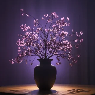 Warm midweight Grunge Anansi inside a Vase, Petal, Lilac, White oak, Vine Honduran hairstyle, Wrinkles, Robotic Legs, Moon in the night, soft focus, Anime screencap, surreal, Sunlight, 800mm lens, silhouette, contest winner