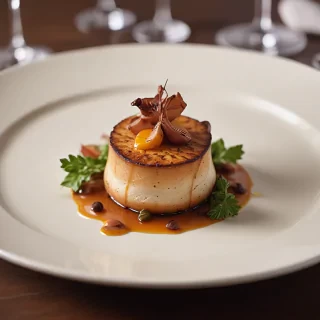 Food photography of a gourmet meal, with a shallow depth of field, elegant plating, and soft lighting
