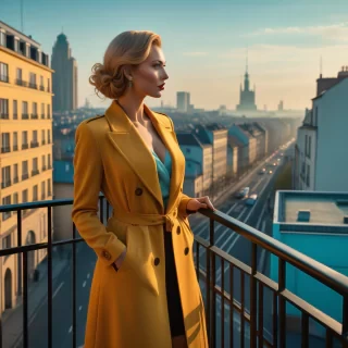 dark art deco,  German expressionism,  film noir, city skyline by night, golden orange, yellow sky with light shade of cyan and  light blue,  tall flats, shadows, street, traffic, signals seen through a extended balcony