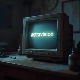 detailed cinematic dof render of an old dusty detailed CRT monitor on a wooden desk in a dim room with items around, messy dirty room. On the screen are the letters “AstraVision” glowing softly. High detail hard surface render