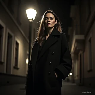 A sensational, noir-inspired photograph of an  European woman in a sleek trench coat standing under the dim glow of a street lamp, there is a written small text "AstraVision.ai " at the bottom right corner