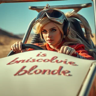 Detailed, masterpiece, professional, bold colors, awe inspiring, photography inspired by Jeremy Mann, 30mm shot, action scene, HDR, Princess Peach racing in dune buggy, realistic, gritty, cinematic, dystopian, realistic skin texture, real life,, "basic blonde" writen on hood of car, bejeweled writing, wearing road leathers, driving
