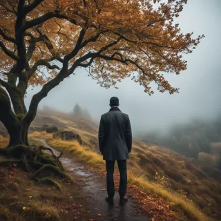 professional photo, photo of autumn landscape, dramatic lighting, gloomy, cloudy weather