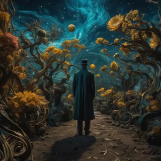 A (((dreamlike scene))) where the swirling (((cosmic colors of Vincent van Gogh's Starry Night))), the surreal (((celestial precision of Salvador Dali's universe))), and the atmospheric skies of J.M.W. Turner's paintings intertwine, with a (((fantastical creature))) at its core, incorporating the whimsy of Hieronymus Bosch's creatures, the organic flow of Alphonse Mucha's art nouveau lines, and the biomechanical touch of H.R. Giger's style, all in a full spectrum of vibrant colors that defy the boundaries of reality