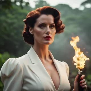 cinematic photo photograph, Bloom light, Skilled Flaming stocky Costa Rican Irene Adler, Hostile hair styled as Comb-over, film camera . 35mm photograph, film, bokeh, professional, 4k, highly detailed, defiant, challenging stare, arms crossed