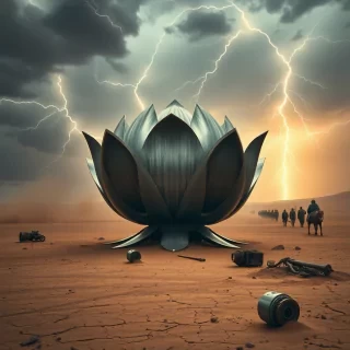 The massive metallic lotus flower stands resilient in the center of the desert as a fierce lightning storm rages above. The sky is a swirl of dark clouds, while bolts of lightning dance across the horizon, casting sharp shadows across the cracked earth. Around the flower, scattered remnants of ancient machinery lie half-buried in the sand, suggesting a forgotten civilization. Wind howls, kicking up dust that momentarily obscures the scene before dissipating to reveal a caravan of nomadic travelers in the distance, their cloaked figures silhouetted against the electric sky. Shot with a Leica SL2, the ultra-realistic detail of the flower's shimmering petals contrasts with the harsh, raw beauty of the desert, evoking Roger Deakins' vast cinematic landscapes. Every lightning strike, grain of sand, and rusted relic is captured with stunning clarity.