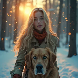 Impressionism featuring Angelina Jolie, cosmic nebula, Skiing Enchanted Forest. She is Retro chic., with long blond wavy hair and piercing green eyes. Scene is Mysterious, with Sunset glow and Sunshine and clouds. Inspired by "Stranger Things", in Impressionism style. Includes Golden retriever.. Overhead view shot. Ultra-high resolution, stunning details, vivid colors, highly immersive.