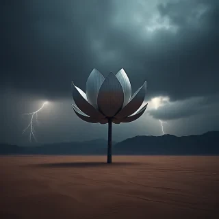 In the center of a vast, arid desert, a massive metallic lotus flower stands tall beneath a stormy sky, illuminated by bolts of lightning flashing across the horizon. The landscape is stark, but the flower’s reflective surface catches every dramatic shift in light. Shot with a Leica SL2 and a wide-angle lens, the scene feels surreal and cinematic, evoking the visionary architecture of Zaha Hadid combined with the desert surrealism reminiscent of Salvador Dalí.