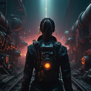 rear view closeup , A DARK ghst Silhouette. Perfect Hands, Amidst the eerie glow of dimly lit gears and rusted machinery, a determined woman with an oversized kirby New Year's rocket strapped to her back, looking skyward, her casual bleached neon synthwave attire blending with the ominous atmosphere. Craft a tale that explores the enigmatic fusion of celebration and conflict in this dystopian techno world very detailed,