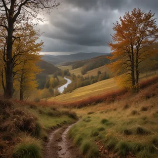 professional photo, photo of autumn landscape, dramatic lighting, gloomy, cloudy weather