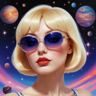 90s anime illustration of a blonde pin up, wearing kaleidoscopic sunglasses which reflect a vast space galaxy full of stars and planets in it's lenses, whute bob haircut, far-out aesthetic, superrealism aesthetic, symmetrical composition by hajime Sorayama, colour scheme by lisa frank