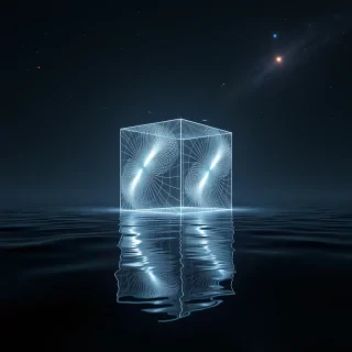 A glowing cube floats serenely in the middle of a vast black reflective surface, its fractal designs pulsating in hypnotic patterns. Stars stretch infinitely across the night sky, some falling in brilliant streaks of light. Surrounding the cube, faint reflections of cosmic objects—a distant planet, a shimmering nebula—mirror perfectly on the ground, creating an illusion of endless space. Tiny drones buzz around the cube, analyzing its structure, their lights blinking rhythmically. Meteors streak across the sky in the distance, casting brief flashes of light. The surface beneath the cube ripples slightly, as if reacting to its presence. Shot in ultra-realistic detail with a Fujifilm GFX 100S using long exposure, every pulse of light, star, and ripple is captured with cosmic clarity. Inspired by Hiroshi Sugimoto’s precision and otherworldly compositions, the scene feels vast, mysterious, and teeming with subtle, galactic life