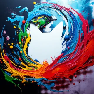 a swirl of colorful paints, abstract art dark background, dynamic angle, bright colors, paint drips, canvas in the middle, with abstract paint splashes and smudges. negative space themed, the center is a perfectly empty clean white canvas shaped like a cat hyperrealistic, full body, detailed clothing, highly detailed, cinematic lighting, stunningly beautiful, intricate, sharp focus, f/1. 8, 85mm, (centered image composition), (professionally color graded), ((bright soft diffused light)), volumetric fog, trending on instagram, trending on tumblr, HDR 4K, 8K