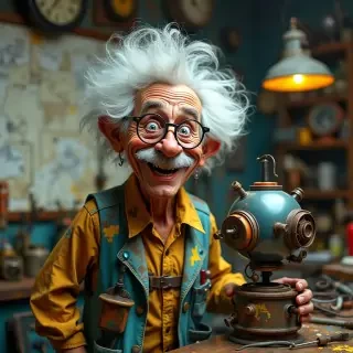 A quirky inventor in his mid-60s stands proudly next to his latest creation in his cluttered workshop. He has wild, Einstein-like white hair, twinkling blue eyes behind round spectacles, and an excited grin. His face is smudged with grease, and he's wearing a lab coat covered in colorful stains and patches. The background is filled with an assortment of bizarre contraptions, blueprints, and tools. Soft, warm lighting from an old-fashioned desk lamp illuminates the scene.
