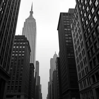 modern buildings in new York city in 2050 in black and white