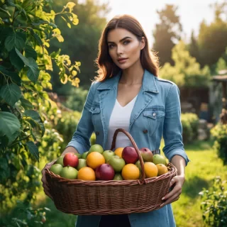 cinematic photo of a girl in the garden with a basket of fruits . 35mm photograph, film, bokeh, professional, 4k, highly detailed
