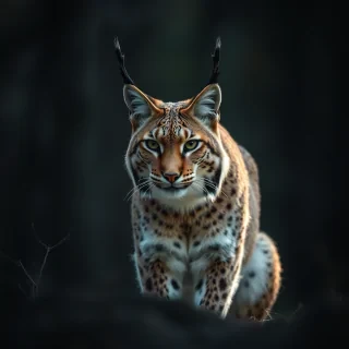 professional photograph of a lynx lit by moody harsh lighting in the middle of a forest