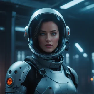 professional 3d model of  <lora:LoDe+Ro style:1> a woman in a space suit staring at something,1girl,solo,blue eyes,gloves,weapon,male focus,parted lips,teeth,portrait,close-up,freckles,realistic,LoDe+Robots Style,Love Death + Robots style,Love,Death & Robots style,animated,horror,dark,black,apocalyptic,dystopian,domination,hands up,hands on helmet,staring,cute woman,outer space , dramatic light, cyberpunk, LoDe+Ro style, octane render, highly detailed, volumetric, dramatic lighting