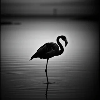 A flamingo standing gracefully in shallow water at dusk portrayed in the stark, contrasting style of Film Noir, with dramatic chiaroscuro lighting and heavy use of shadows. The composition should evoke tension and mystery, relying on sharp angles and deep blacks to enhance the brooding, suspenseful mood.