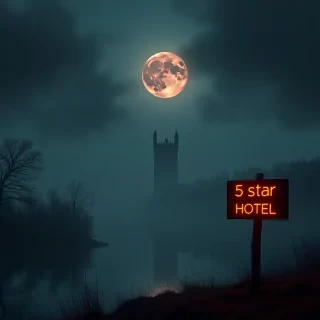 Ultra high quality, very detailed, A mysterious, fog-shrouded landscape illuminated by a blood moon, smokey clouds, looming darkness, heavy fog, eerie feeling, very dark, deep black, deep dark shadow, dark ruined tower in distance, dim moonlight, reflections in water, spectres, shapeless evil, transylvania, wood and neon signpost in foreground with text "5 Star Hotel"