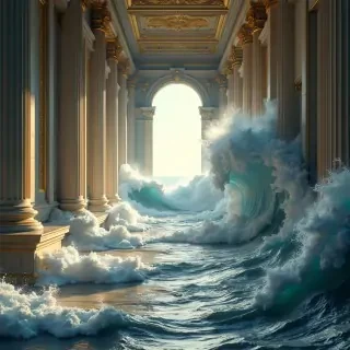 Create a hyper-realistic scene of a grand, classical hallway inside an opulent palace. The hallway is lined with towering columns and adorned with ornate, gilded paintings on the walls. Massive, powerful ocean waves surge through the corridor, crashing against the columns and splashing onto the walls. The waves are larger and more dramatic, reaching nearly halfway up the pillars, with foamy crests reflecting the bright light streaming in from an arched opening at the far end. The scene combines the elegance of the grand architecture with the raw power of the sea, creating a surreal, intense atmosphere of awe and wonder