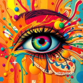 A vibrant and colorful artistic representation of an eye. The eye is the central focus, with its iris exhibiting a spectrum of colors ranging from reds to blues. Surrounding the eye are abstract patterns and shapes in a myriad of colors, including oranges, yellows, greens, and blues. Some of these patterns resemble fluid or paint splatters, while others have a more structured, almost psychedelic appearance. The eye's eyelashes are prominently depicted, and they seem to be made of thick, black strands. The overall feel of the image is dynamic, energetic, and evocative of intense emotion or creativity. add small text 'astravision' to the lower right corner.