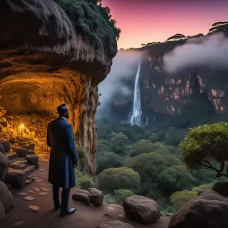 photograph, landscape of a Mythical Grotto from inside of a Harare, at Twilight, Depressing, Cloudpunk, Cold Lighting, dynamic, Nikon d850, Depth of field 270mm, Amaro, Golden ratio